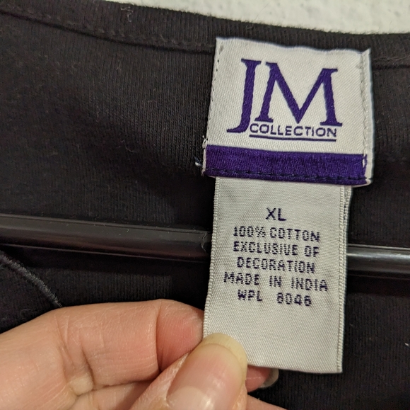 JM Collection Black Short Sleeve Shirt, Scallop Neck and Sleeves Cotton … - Picture 3 of 9